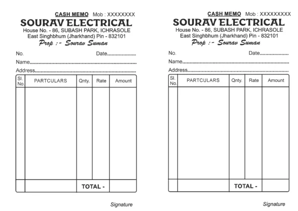 Electrical Shop Cash Memo Black and White DTP CDR Format