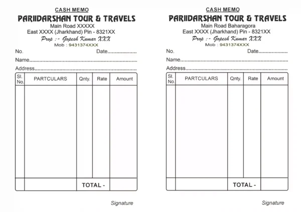 TOUR & TRAVELS Cash Memo Black and White DTP CDR Format